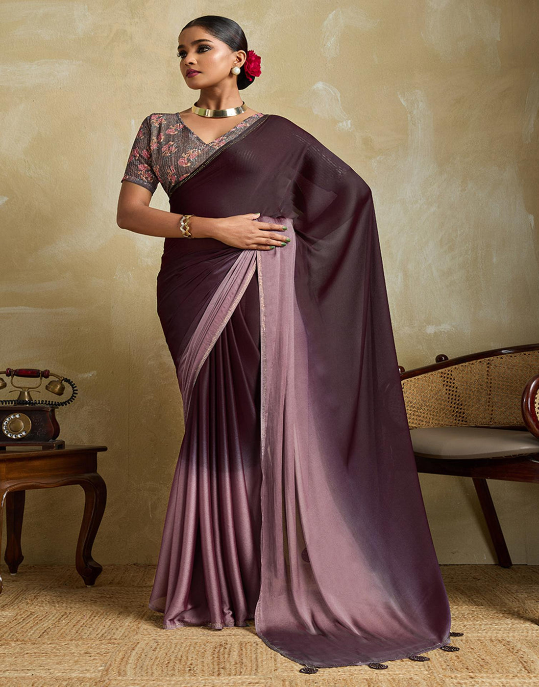 Wine Chiffon Stone Work Plain Saree