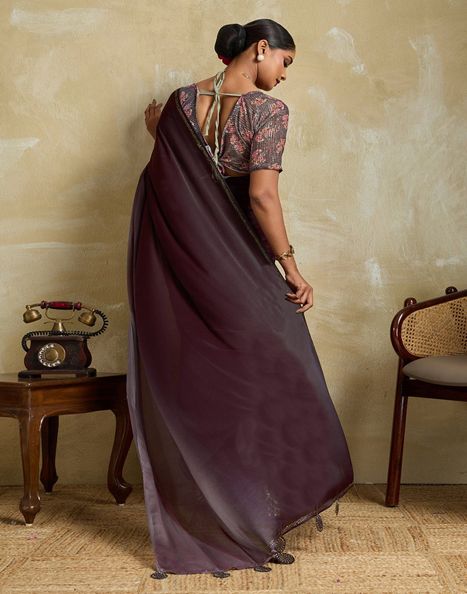 Wine Chiffon Stone Work Plain Saree