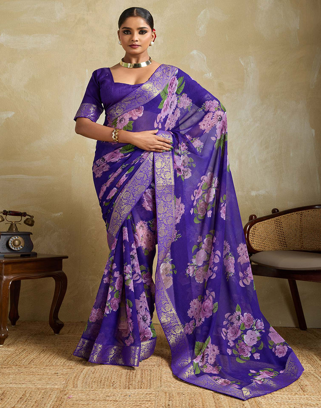 Violet Georgette Floral Printed Saree