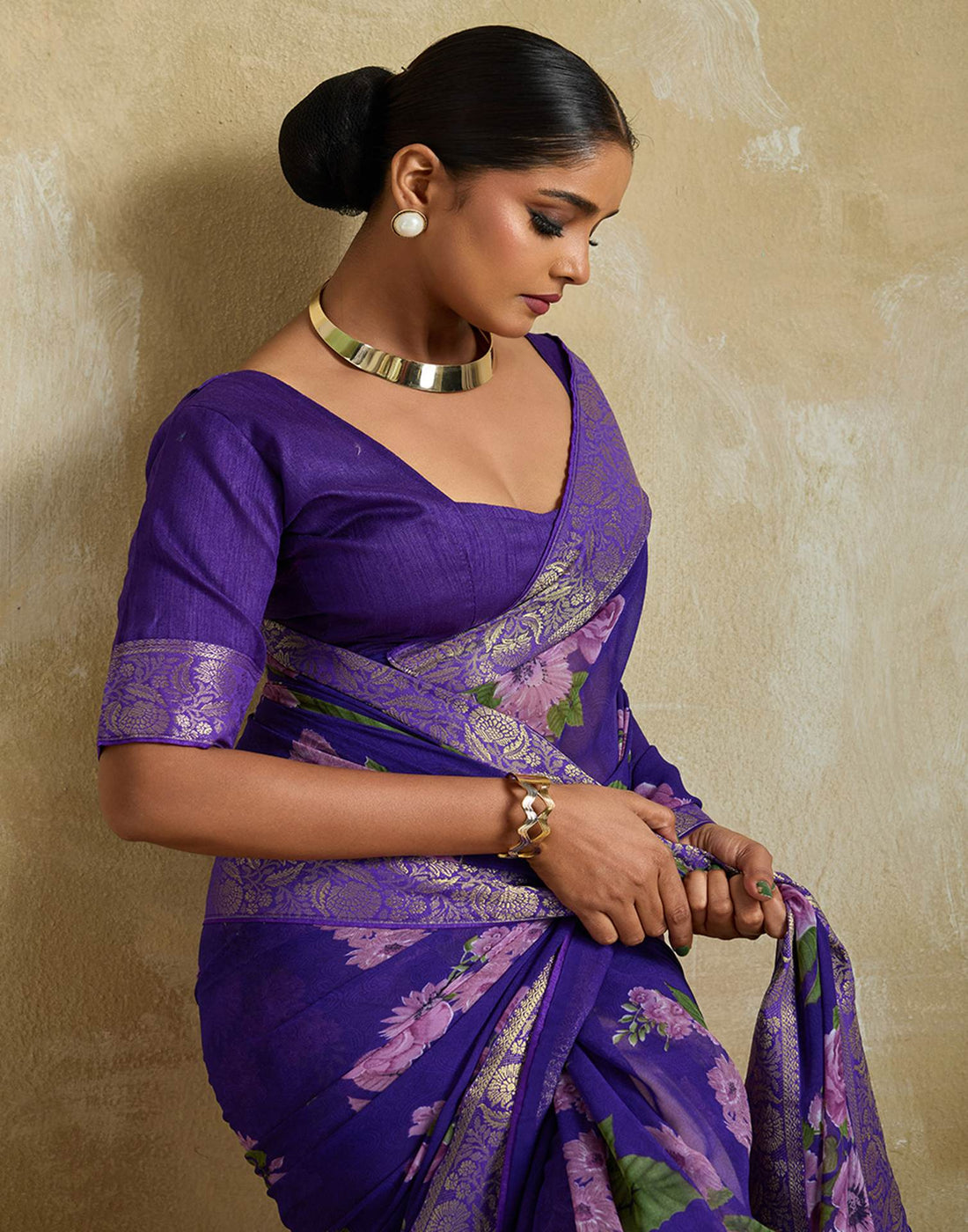 Violet Georgette Floral Printed Saree
