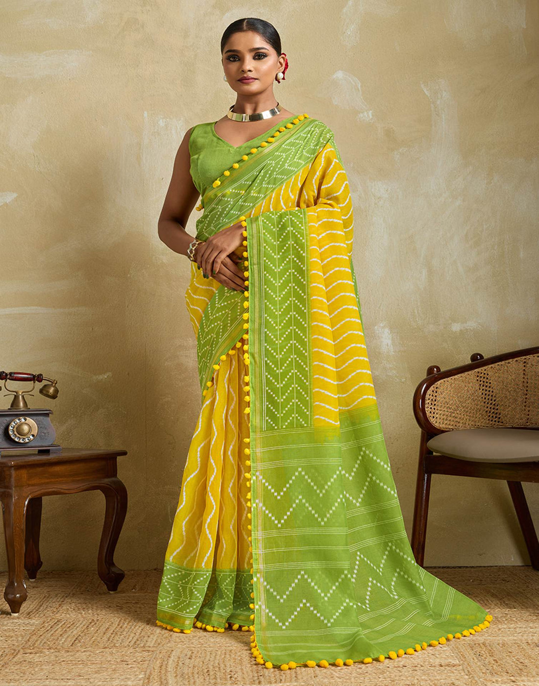 Yellow Linen Printed Saree