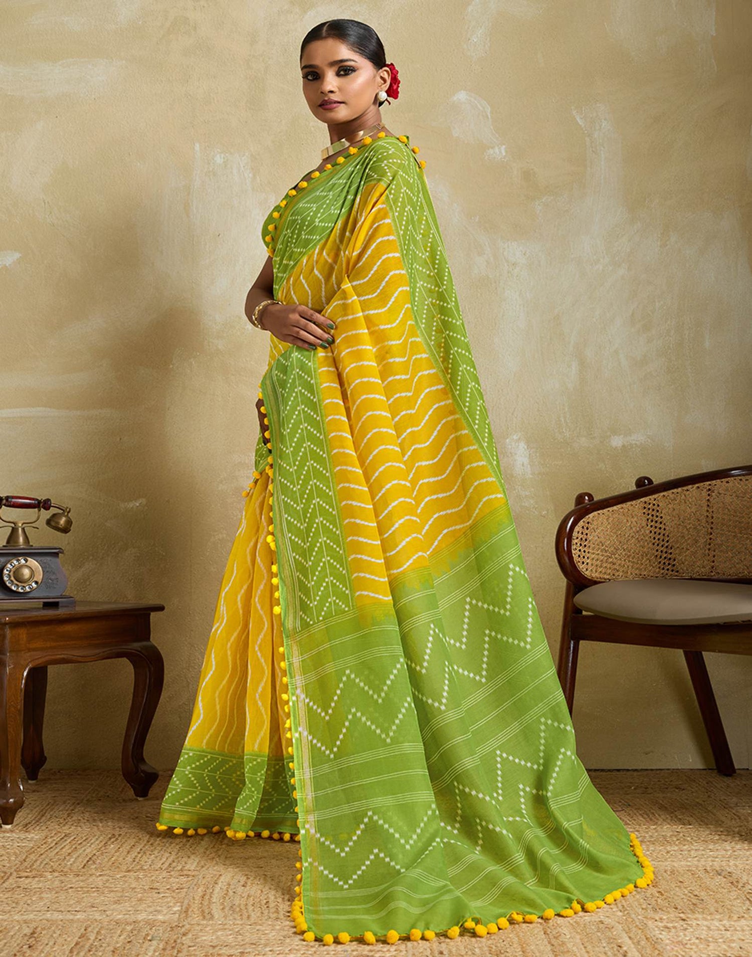 Yellow Linen Printed Saree