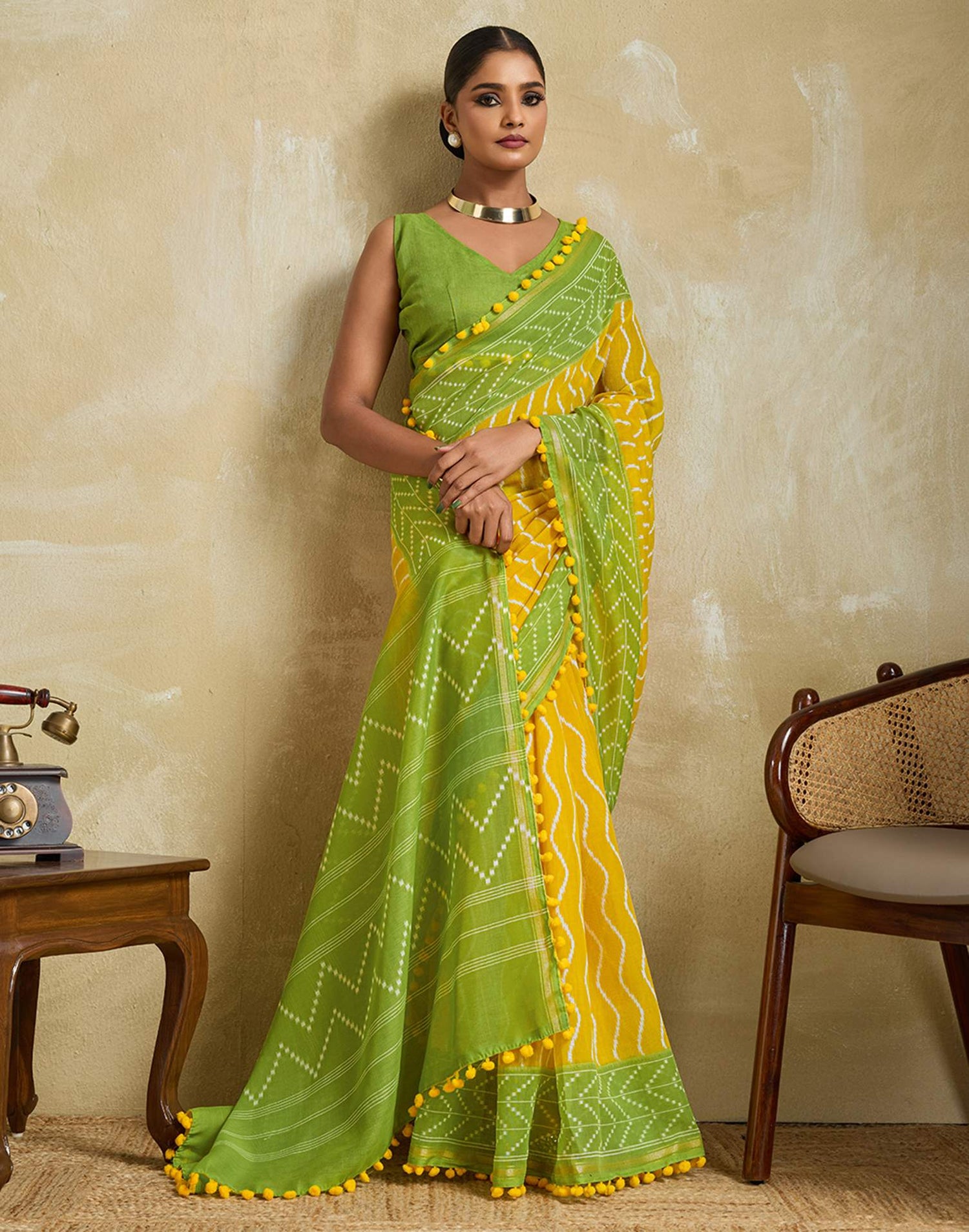 Yellow Linen Printed Saree