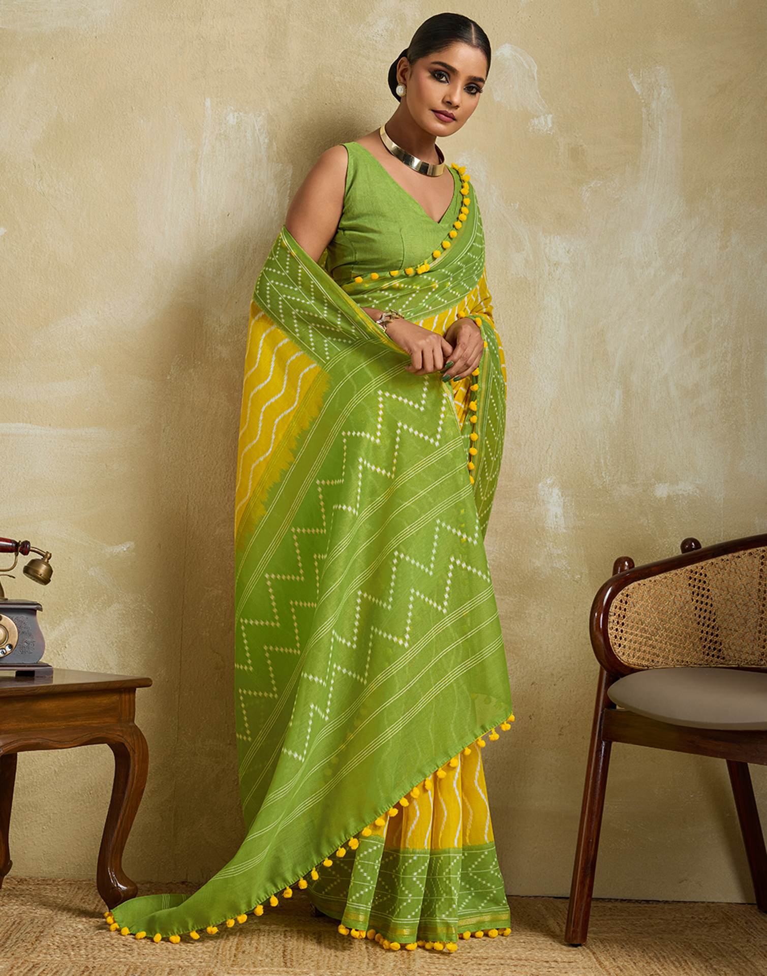 Yellow Linen Printed Saree