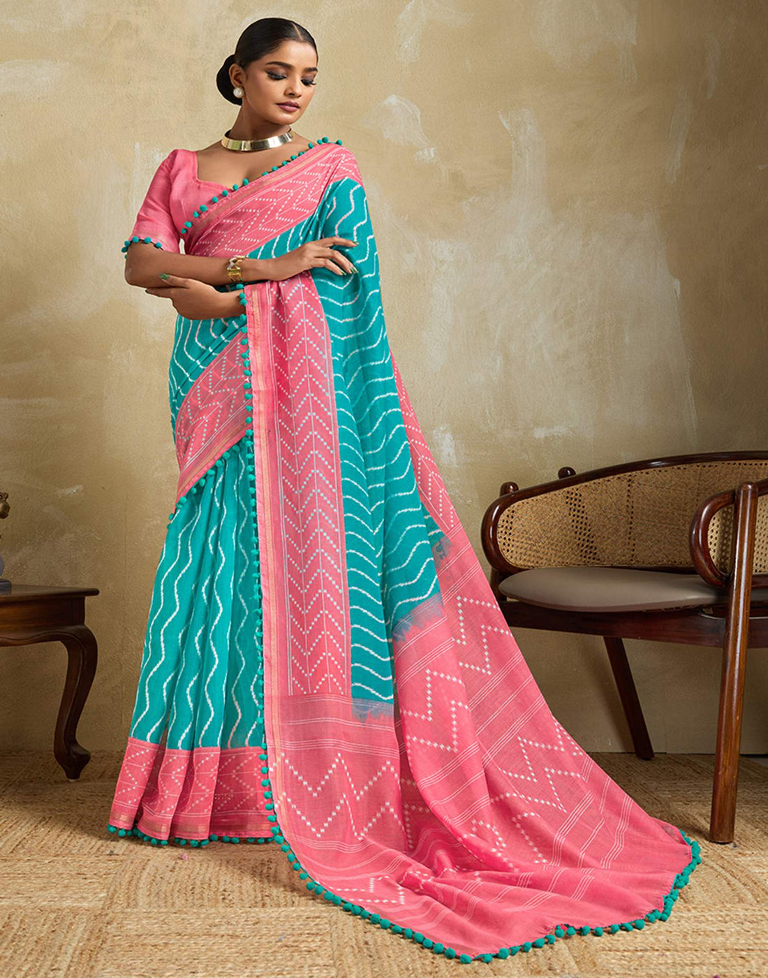 Turquoise Blue Linen Printed Saree