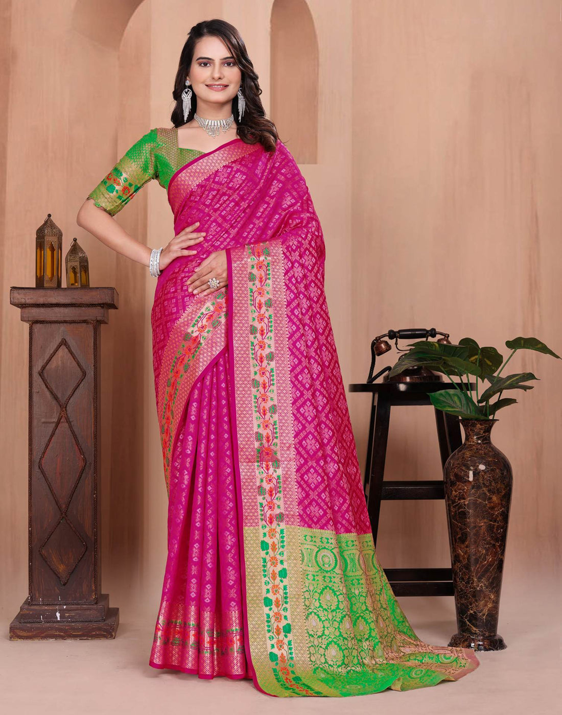 Rani Pink Silk Woven Patola Saree