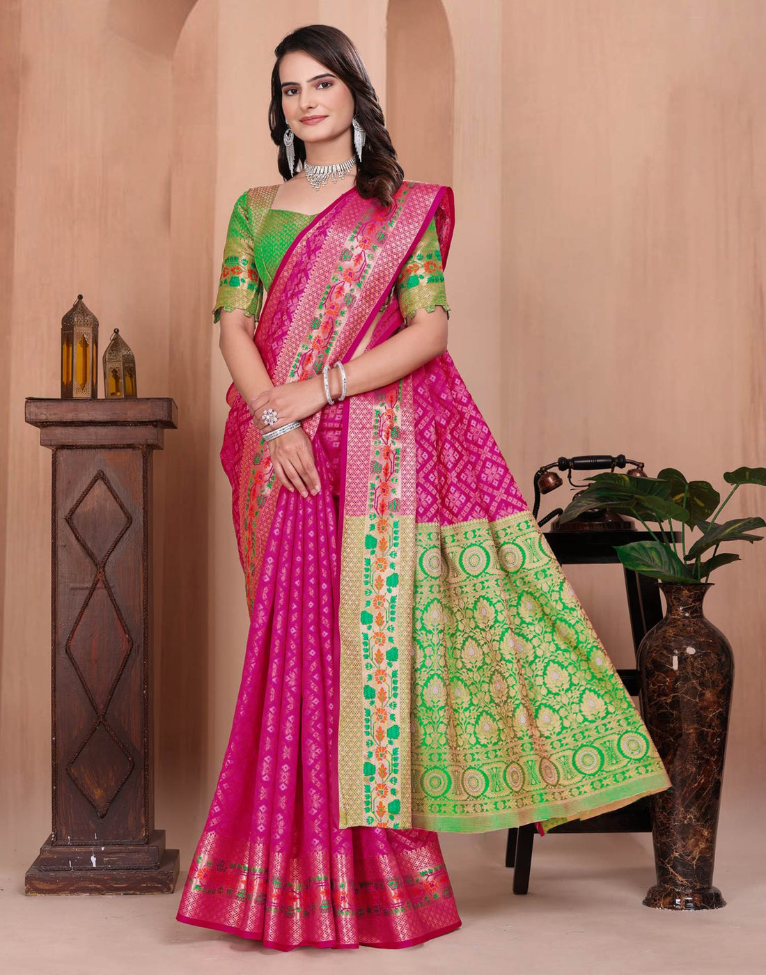 Rani Pink Silk Woven Patola Saree