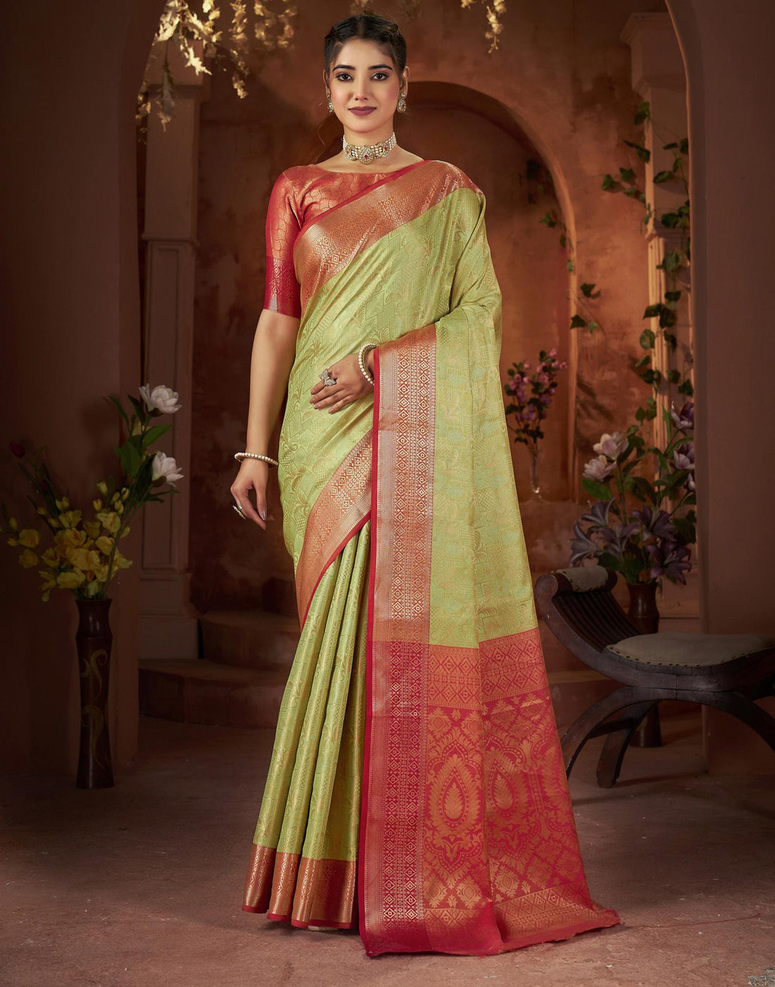 Light Olive Green Silk Woven Saree
