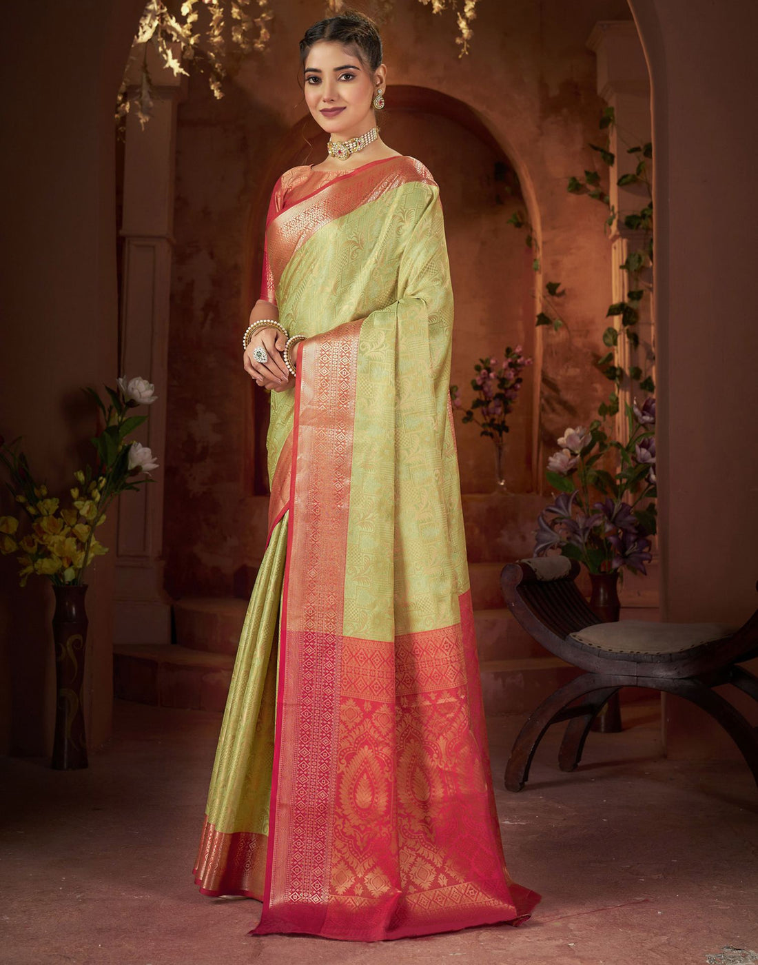 Light Olive Green Silk Woven Saree