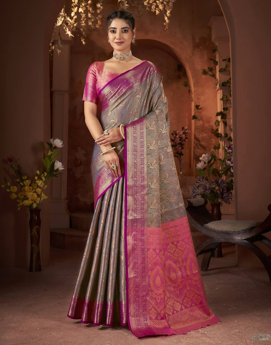 Grey Silk Woven Saree