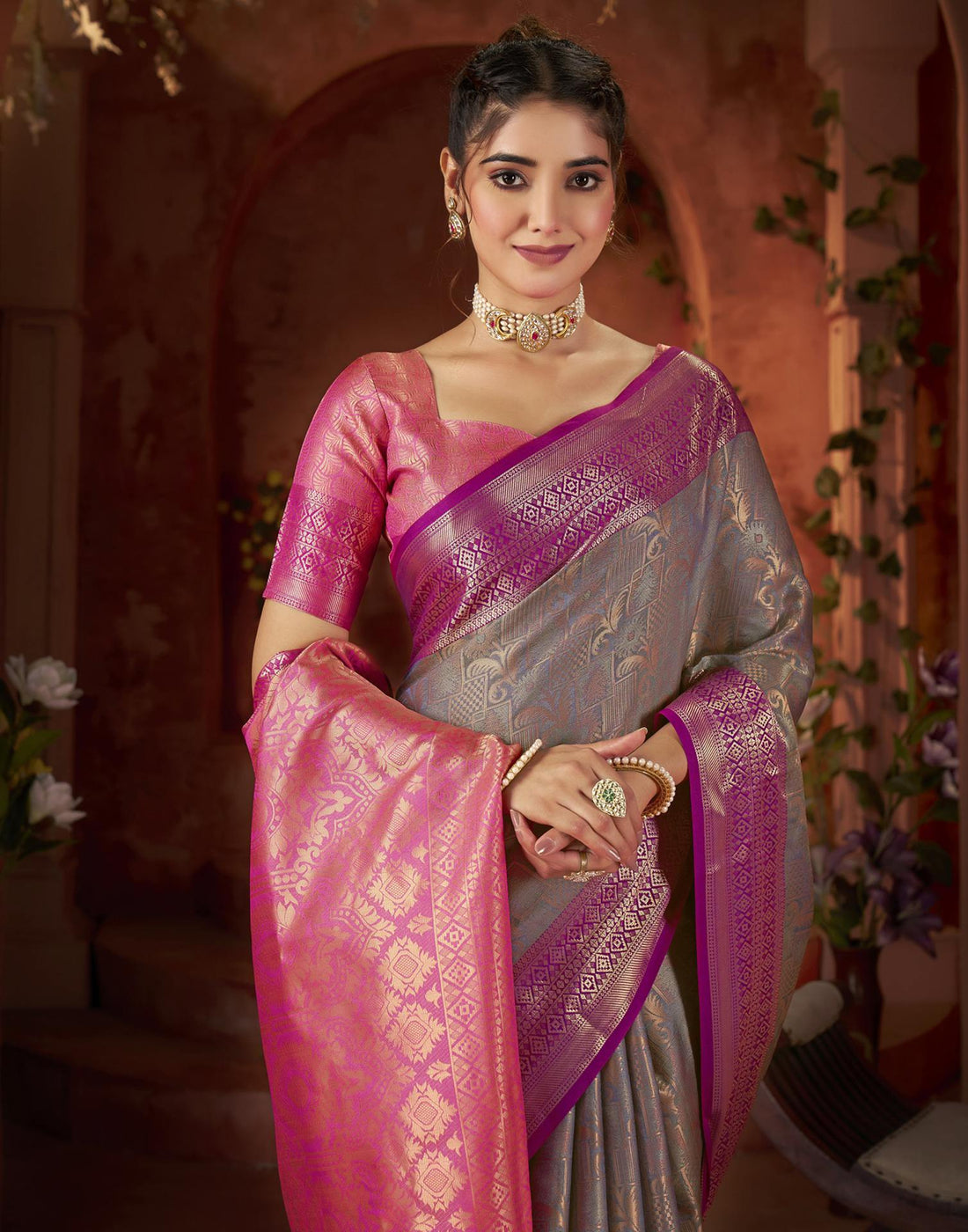 Grey Silk Woven Saree