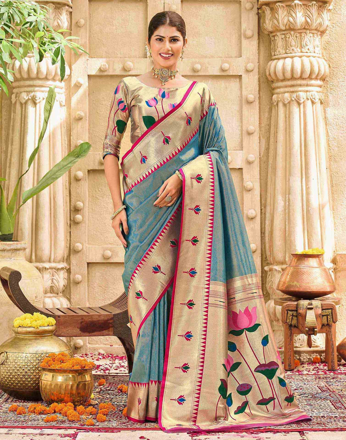 Light Rama Blue Silk Woven Paithani Saree
