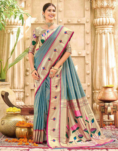 Light Rama Blue Silk Woven Paithani Saree