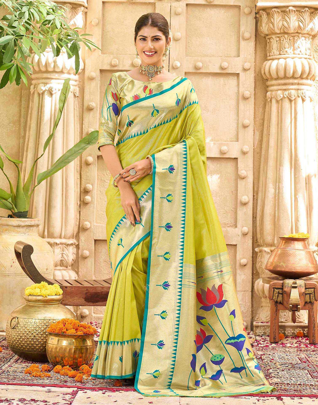 Lime Green Silk Woven Paithani Saree