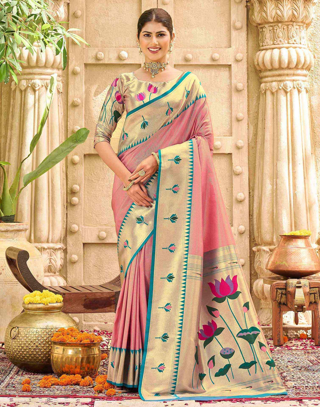 Rose Pink Silk Woven Paithani Saree
