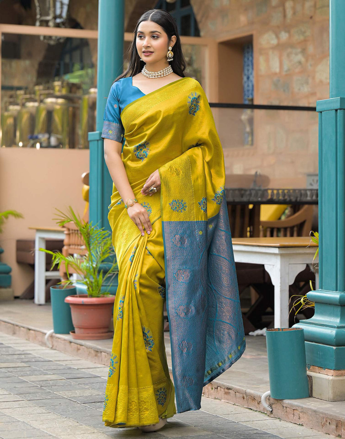 Lime Green Silk Woven Saree