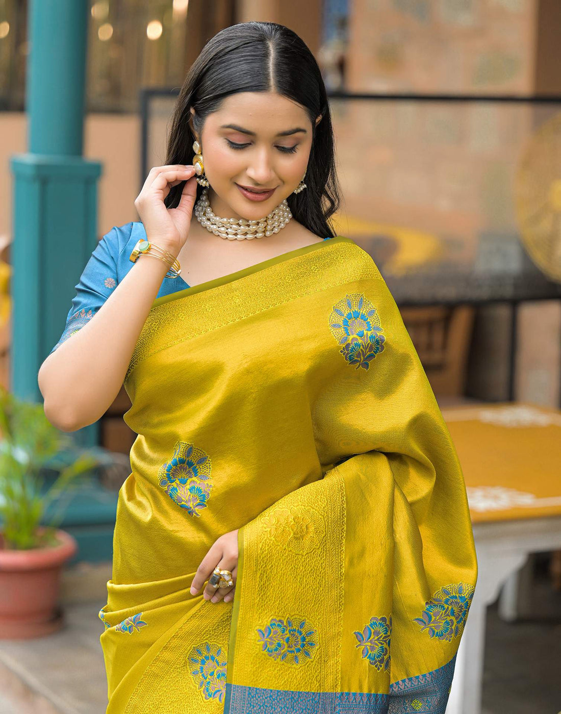 Lime Green Silk Woven Saree