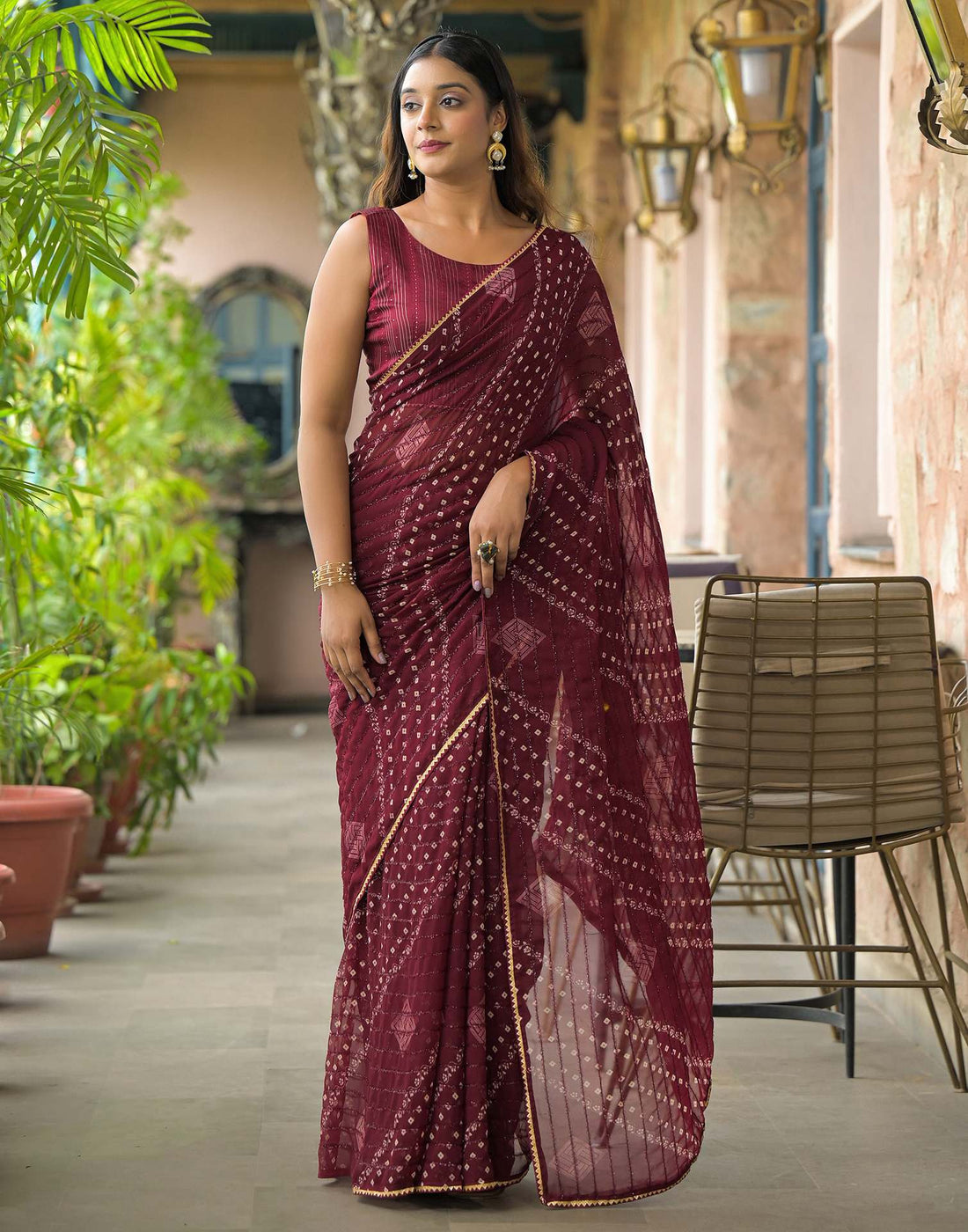Maroon Georgette Printed Bandhani Saree