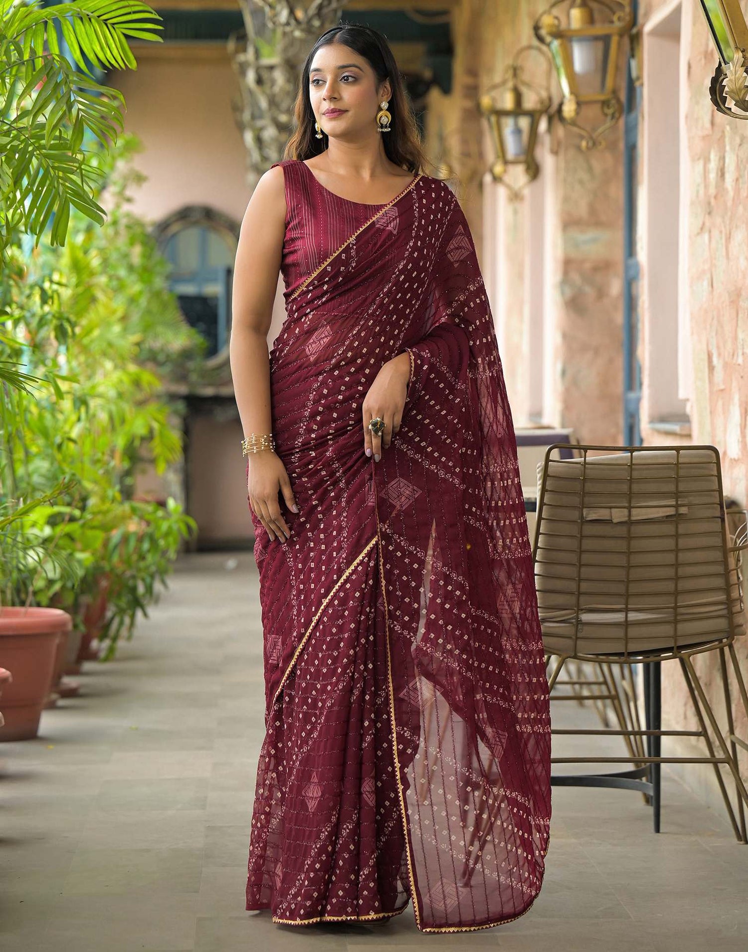 Maroon Georgette Printed Bandhani Saree