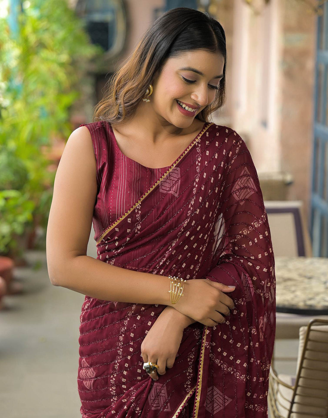 Maroon Georgette Printed Bandhani Saree