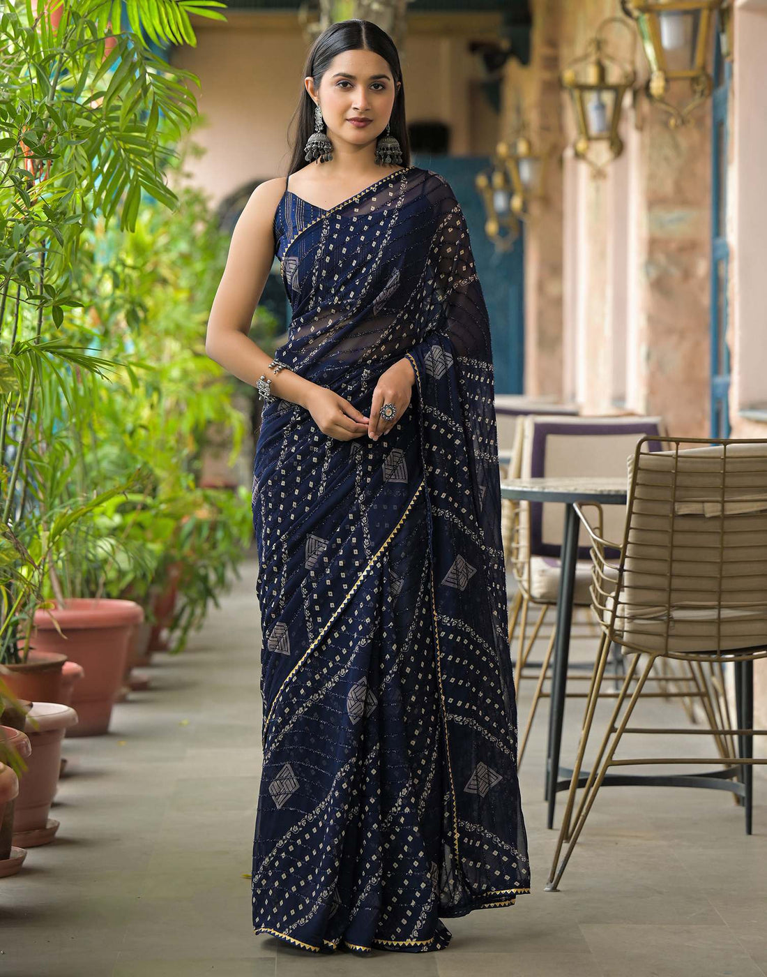 Navy Blue Georgette Printed Bandhani Saree