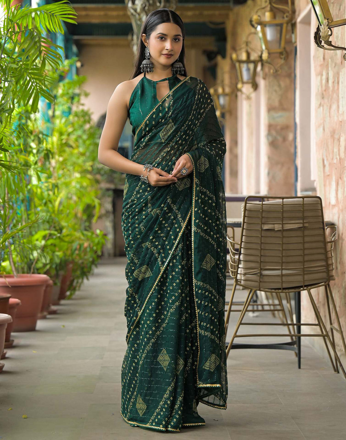 Bottle Green Georgette Printed Bandhani Saree