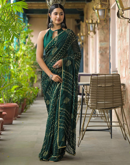 Bottle Green Georgette Printed Bandhani Saree