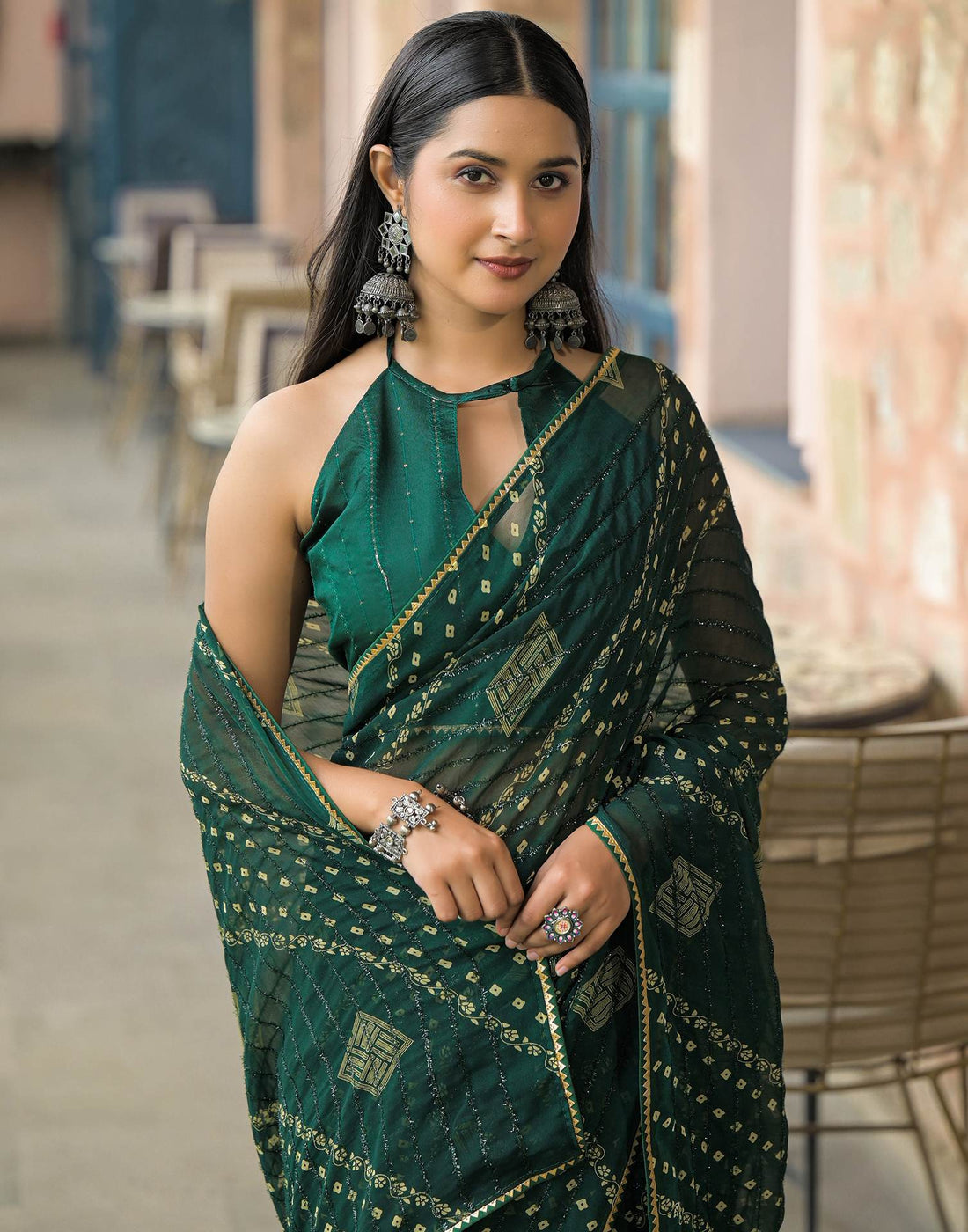 Bottle Green Georgette Printed Bandhani Saree
