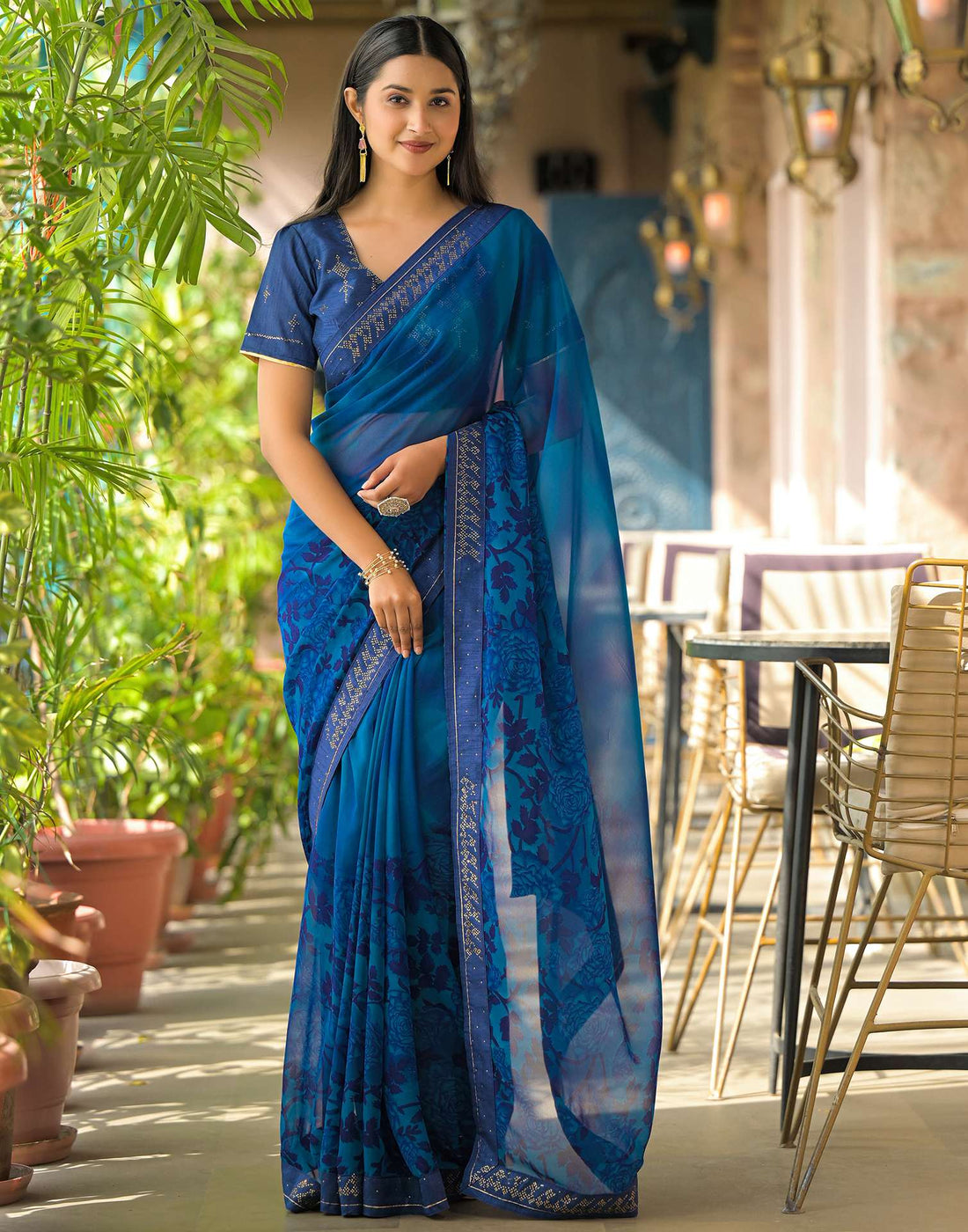 Dark Blue Georgette Floral Printed Saree