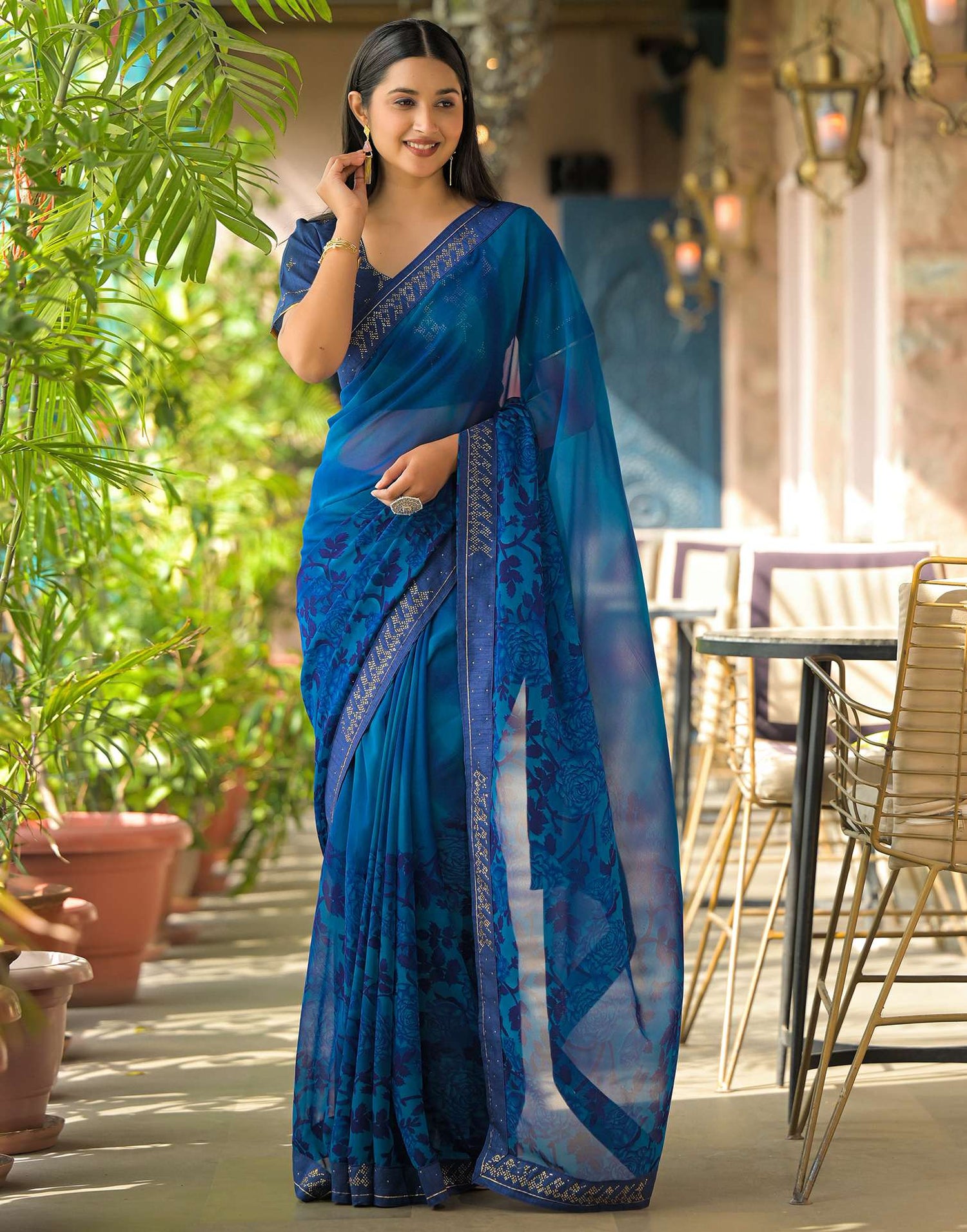 Dark Blue Georgette Floral Printed Saree