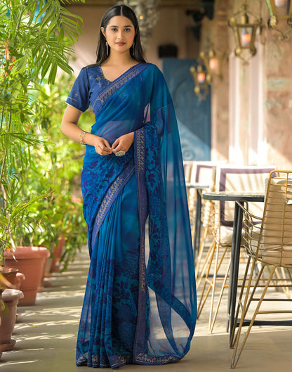Dark Blue Georgette Floral Printed Saree