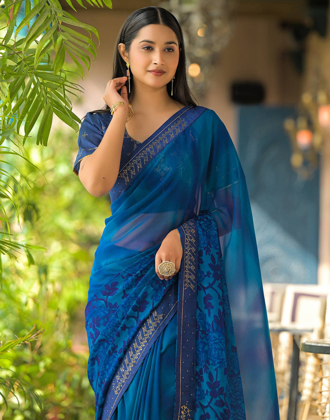 Dark Blue Georgette Floral Printed Saree