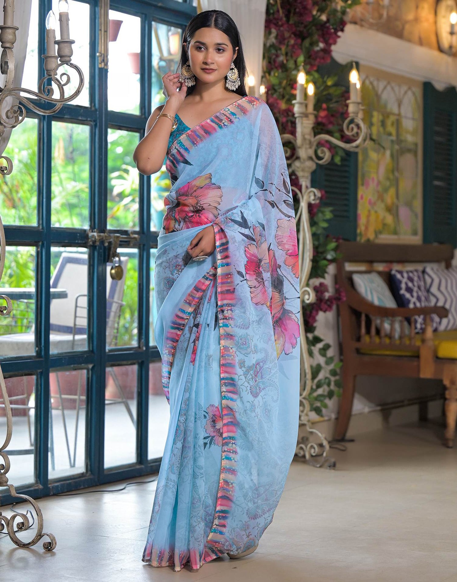 Sky Blue Georgette Floral Printed Saree