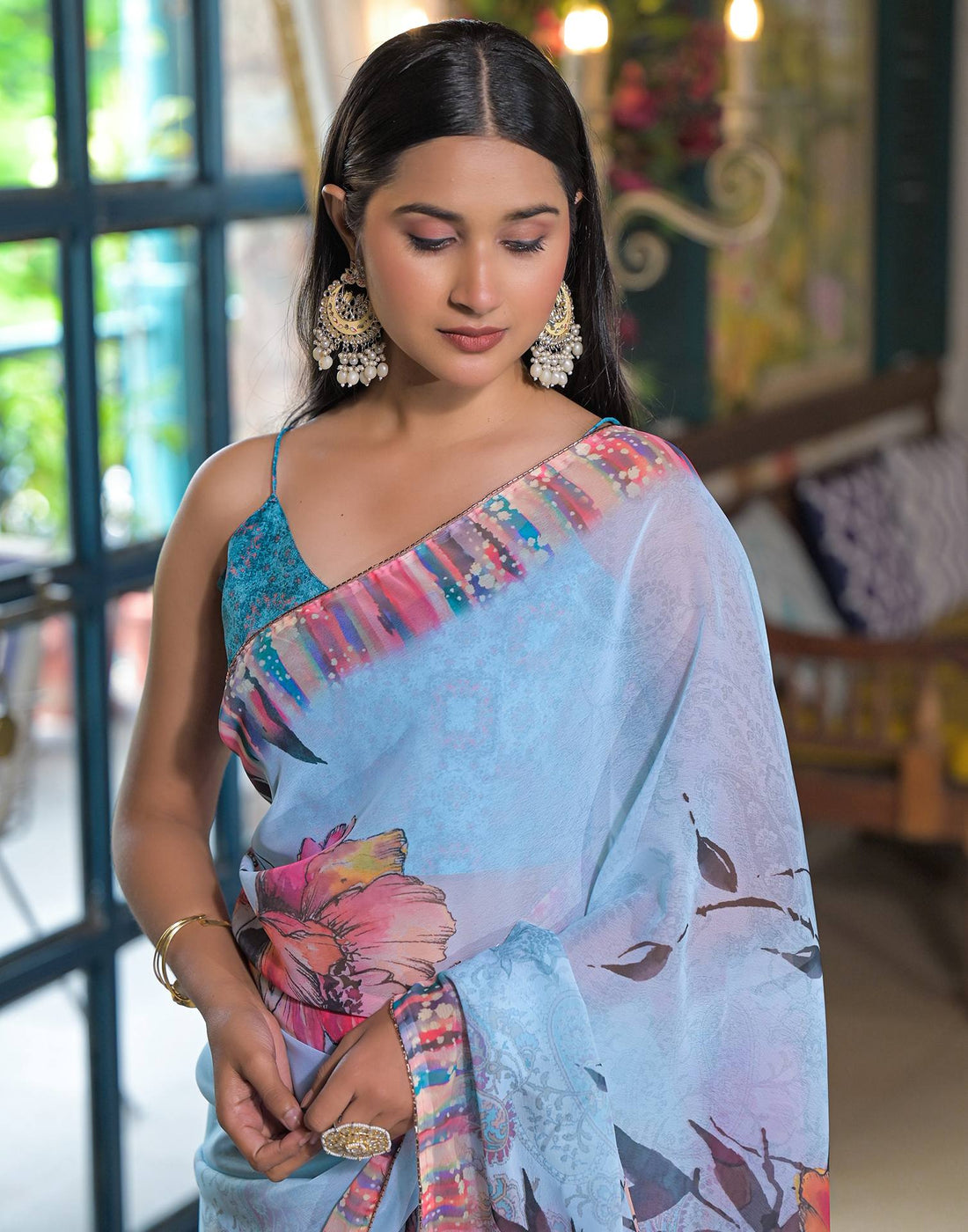 Sky Blue Georgette Floral Printed Saree