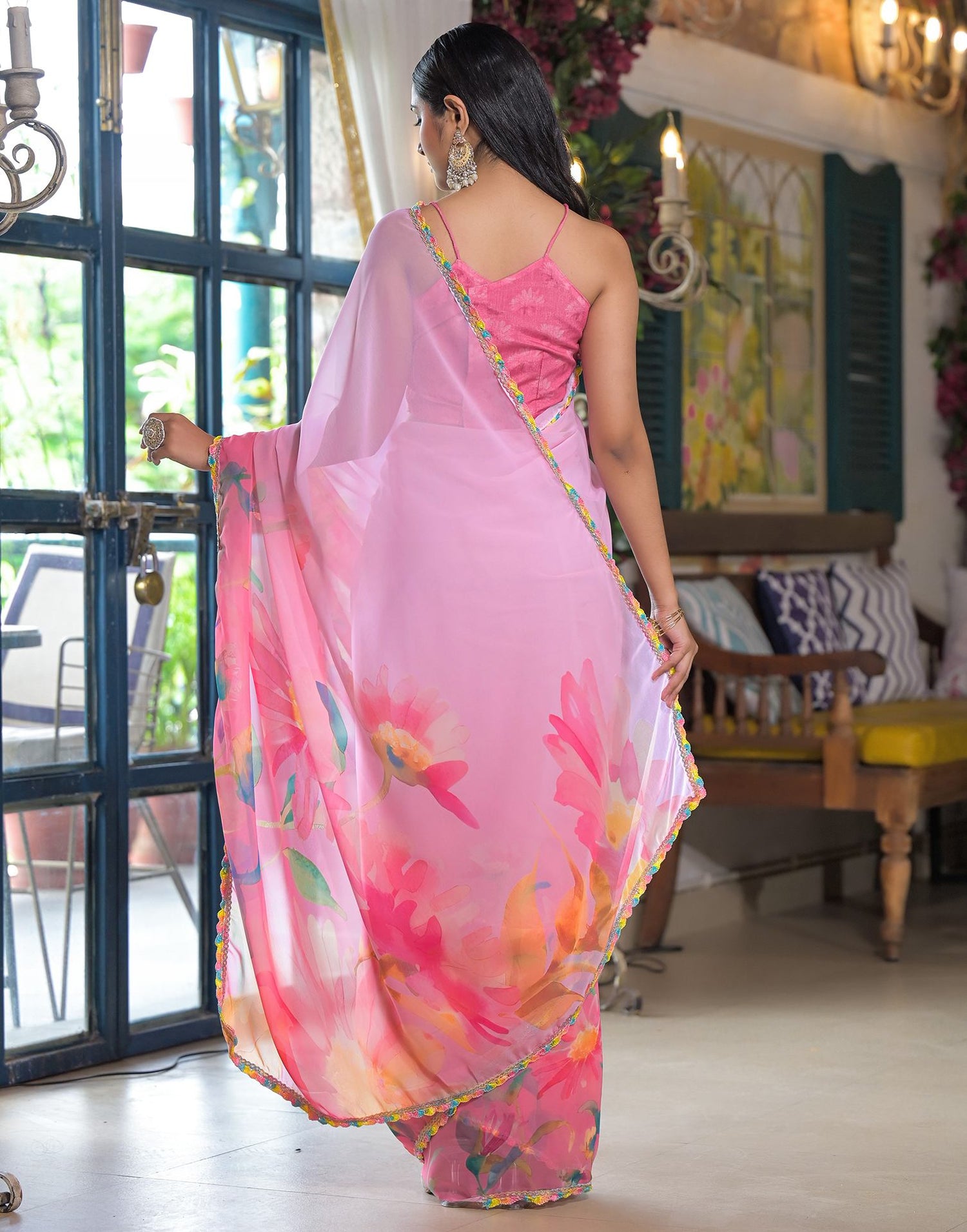 Pink Georgette Printed Saree