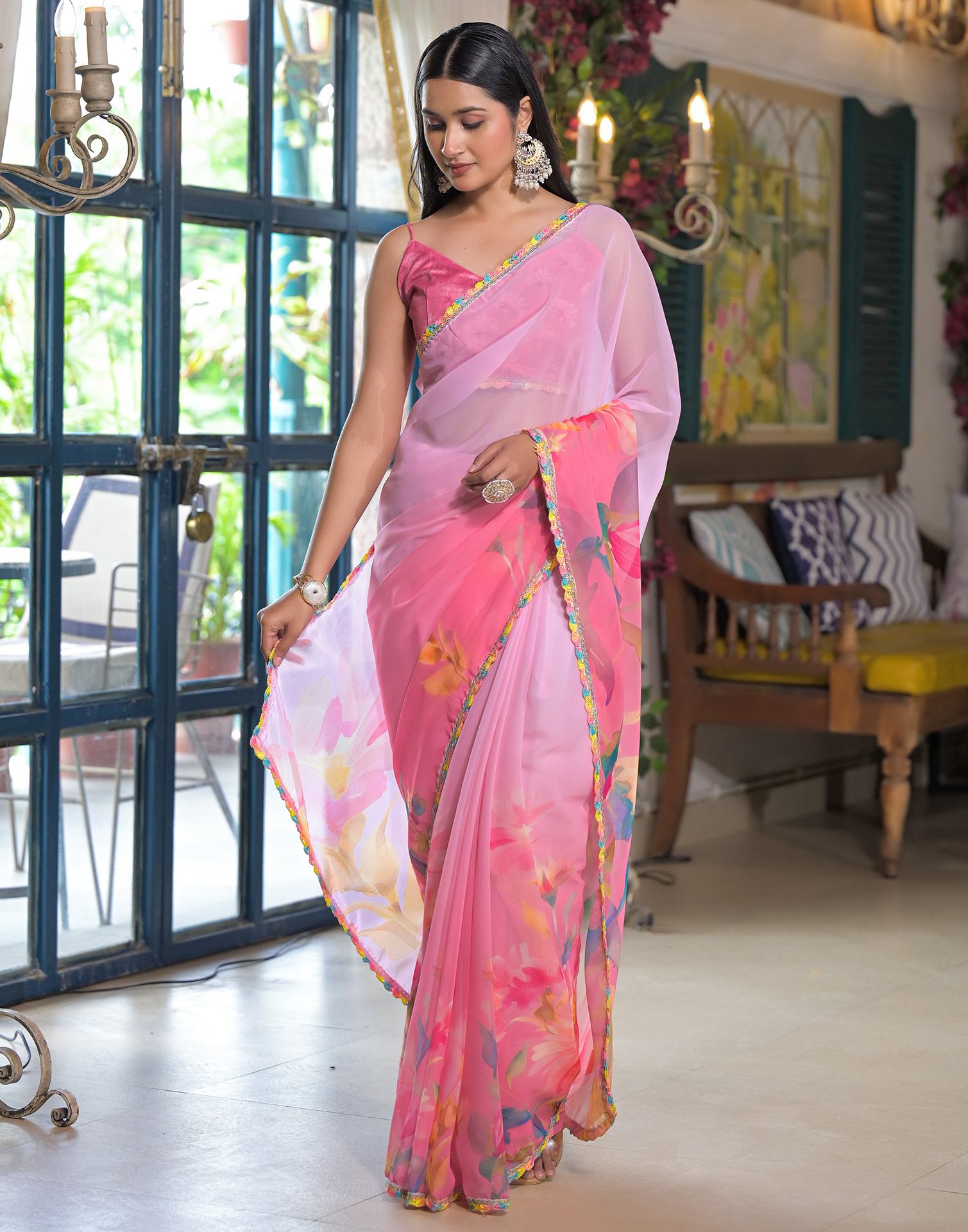 Pink Georgette Printed Saree