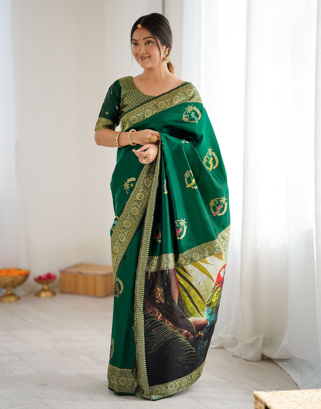 Dark Green Silk Woven Saree