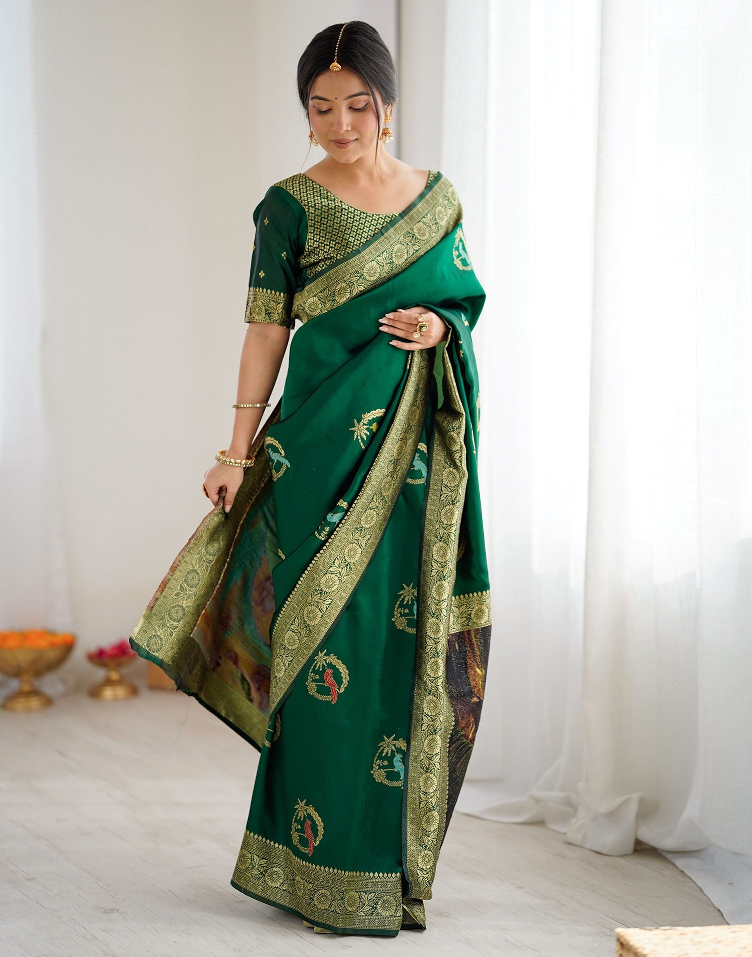 Dark Green Silk Woven Saree
