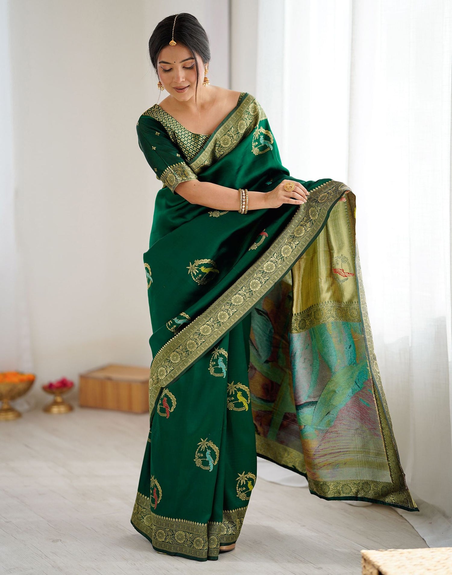Dark Green Silk Woven Saree