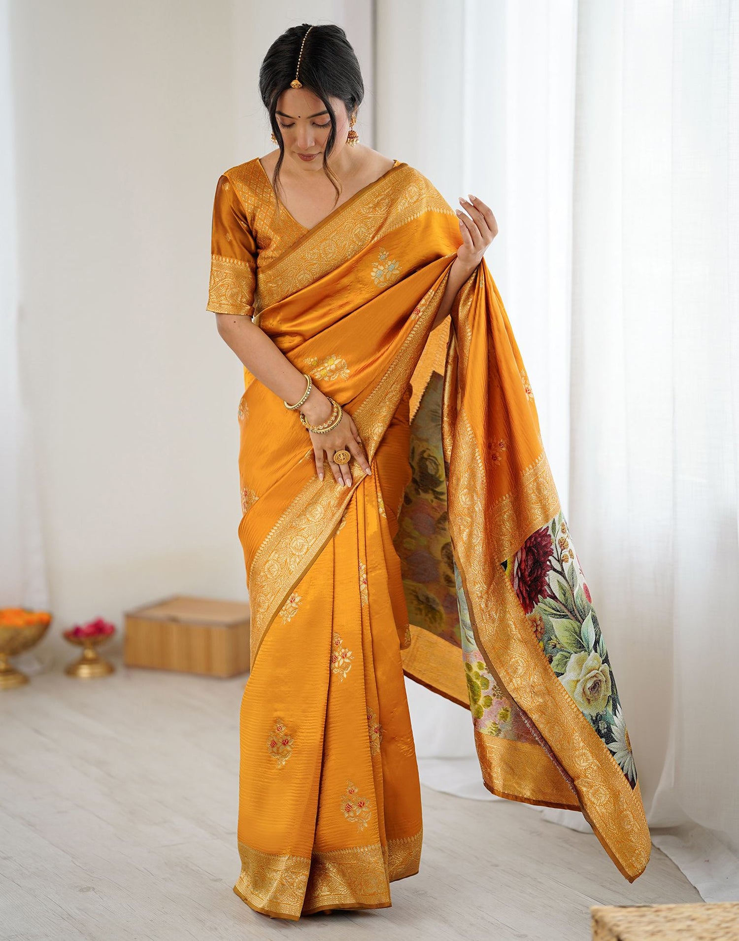 Yellow Silk Woven Saree