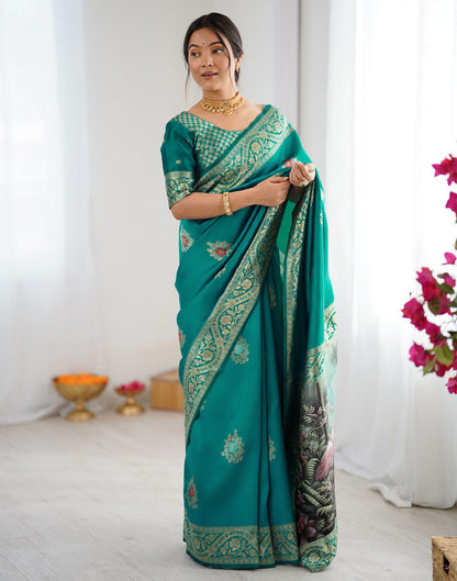 Teal Green Silk Woven Saree