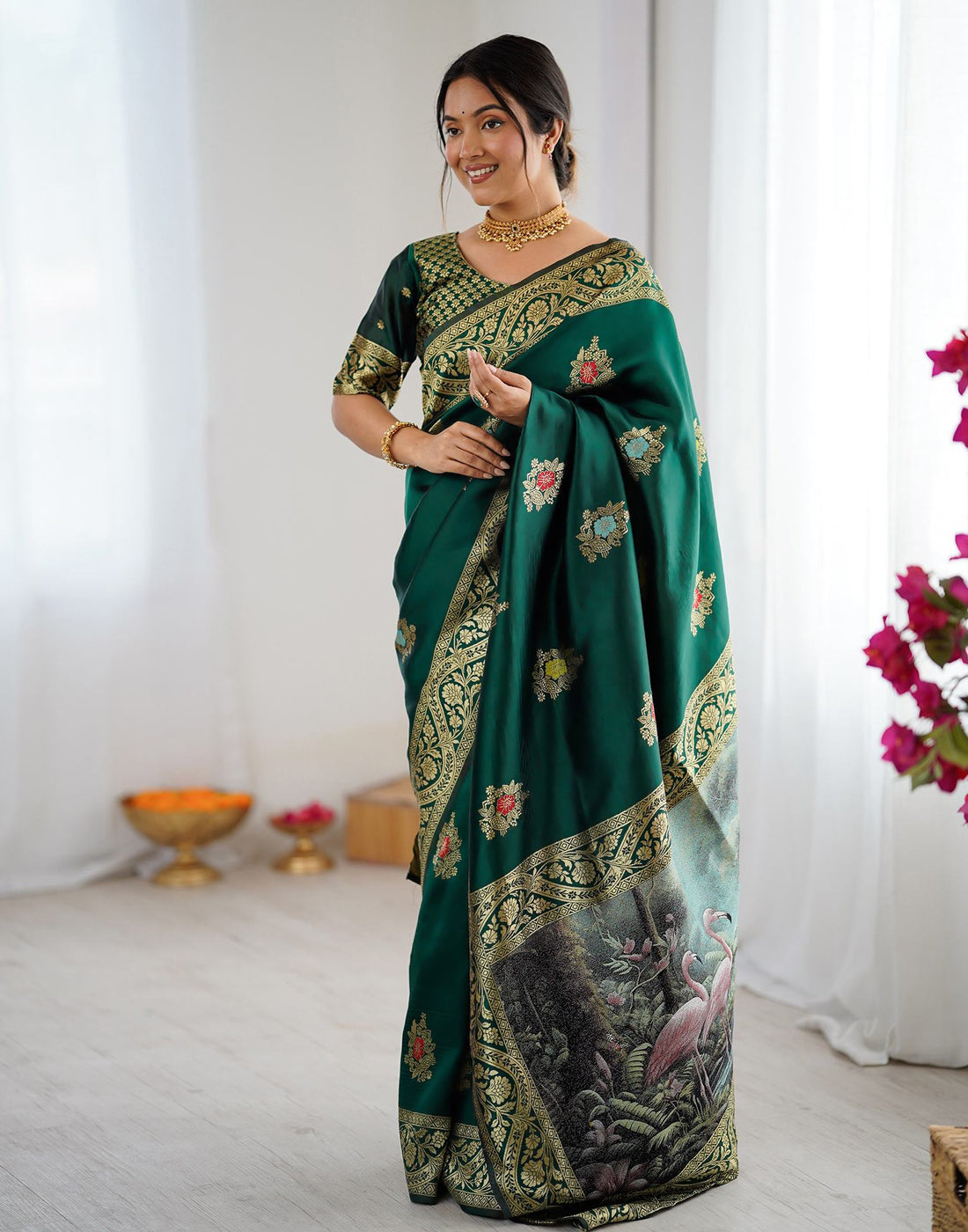 Bottle Green Silk Woven Saree
