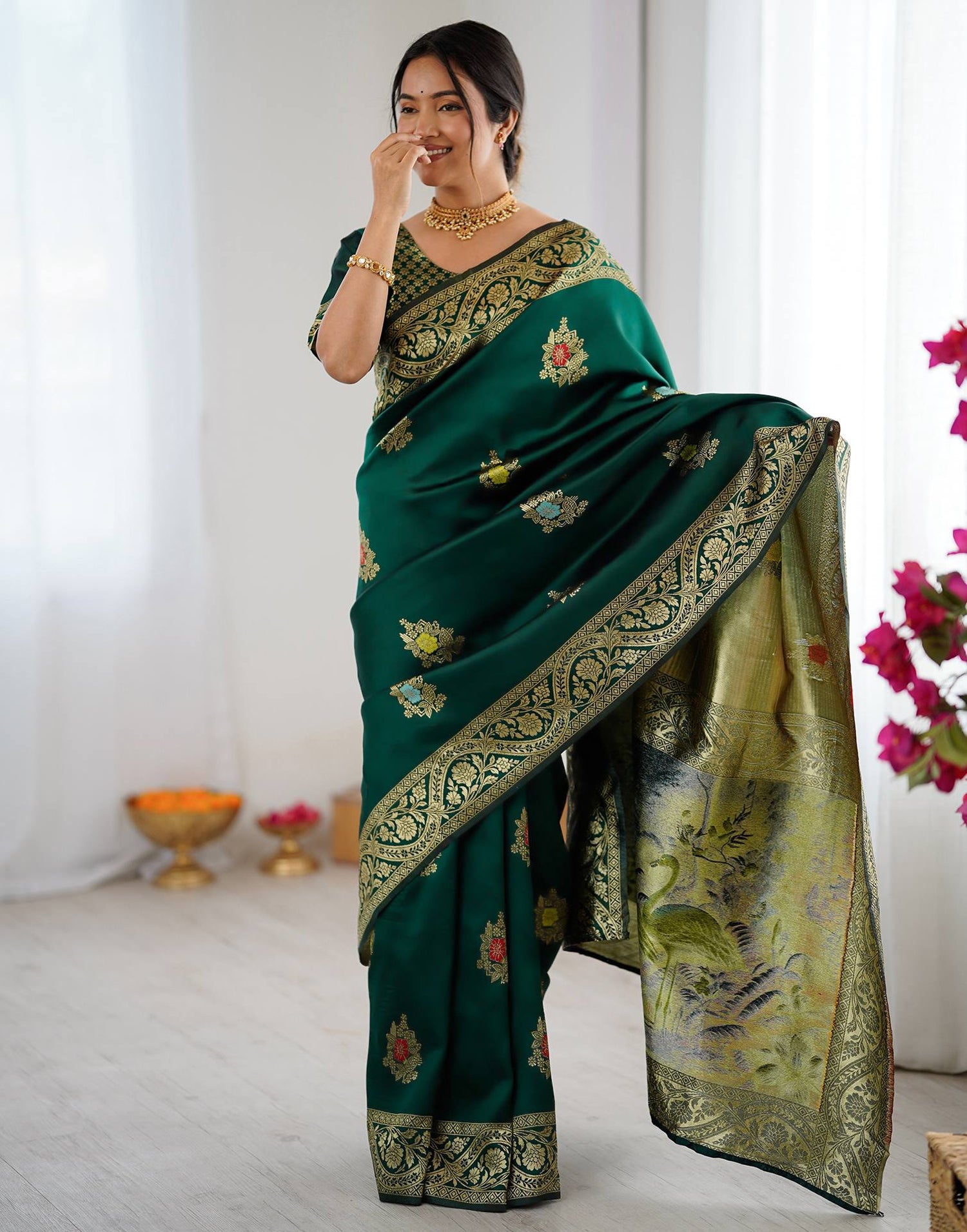 Bottle Green Silk Woven Saree