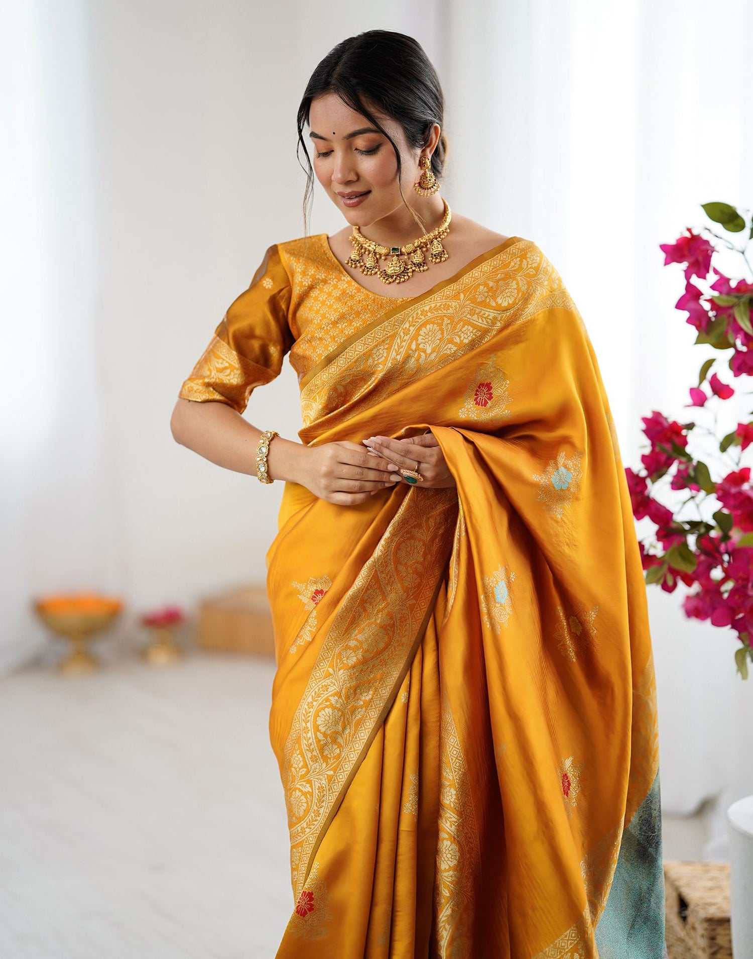 Yellow Silk Woven Saree