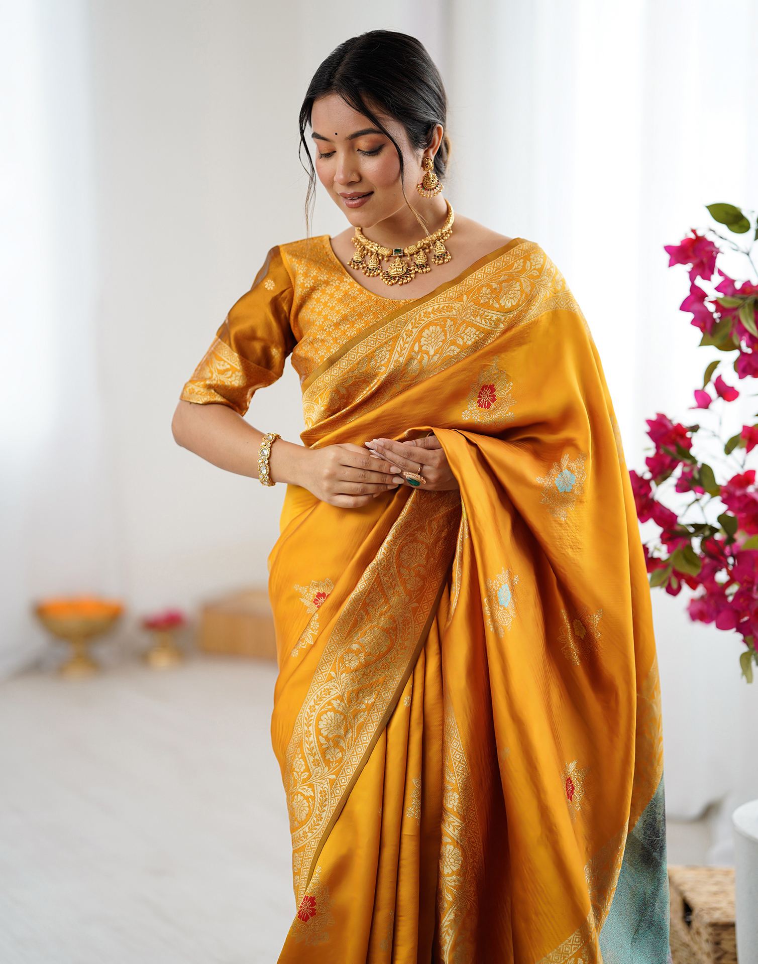 Yellow Silk Woven Saree