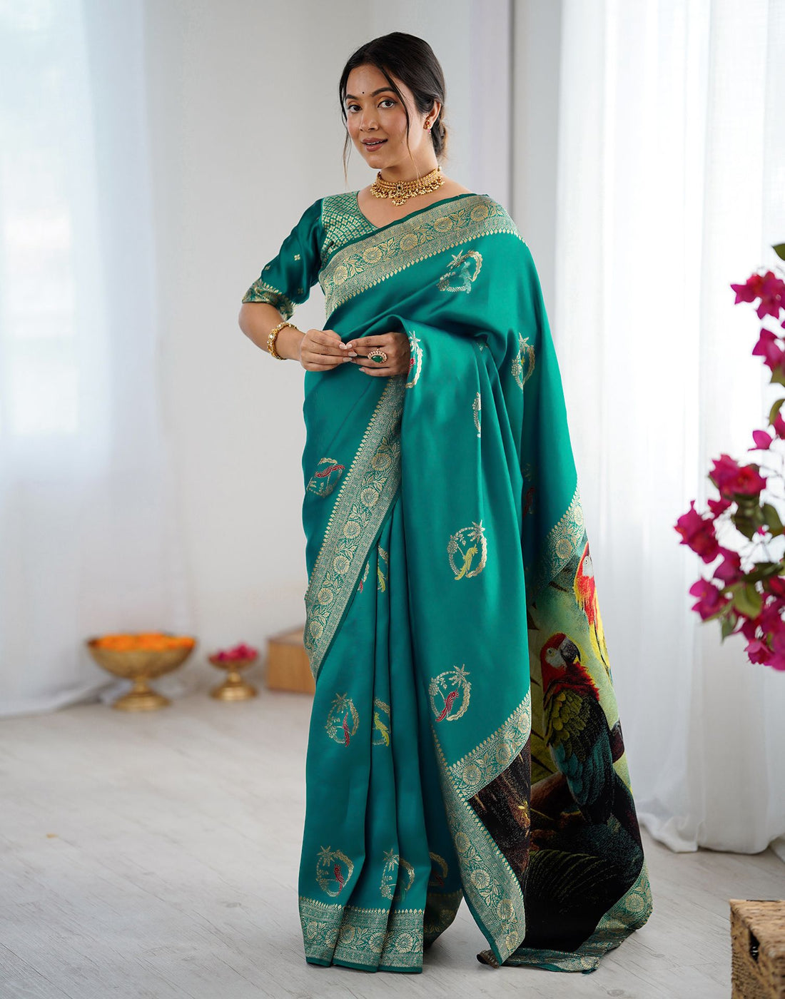 Teal Green Silk Woven Saree