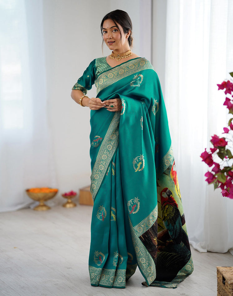 Teal Green Silk Woven Saree