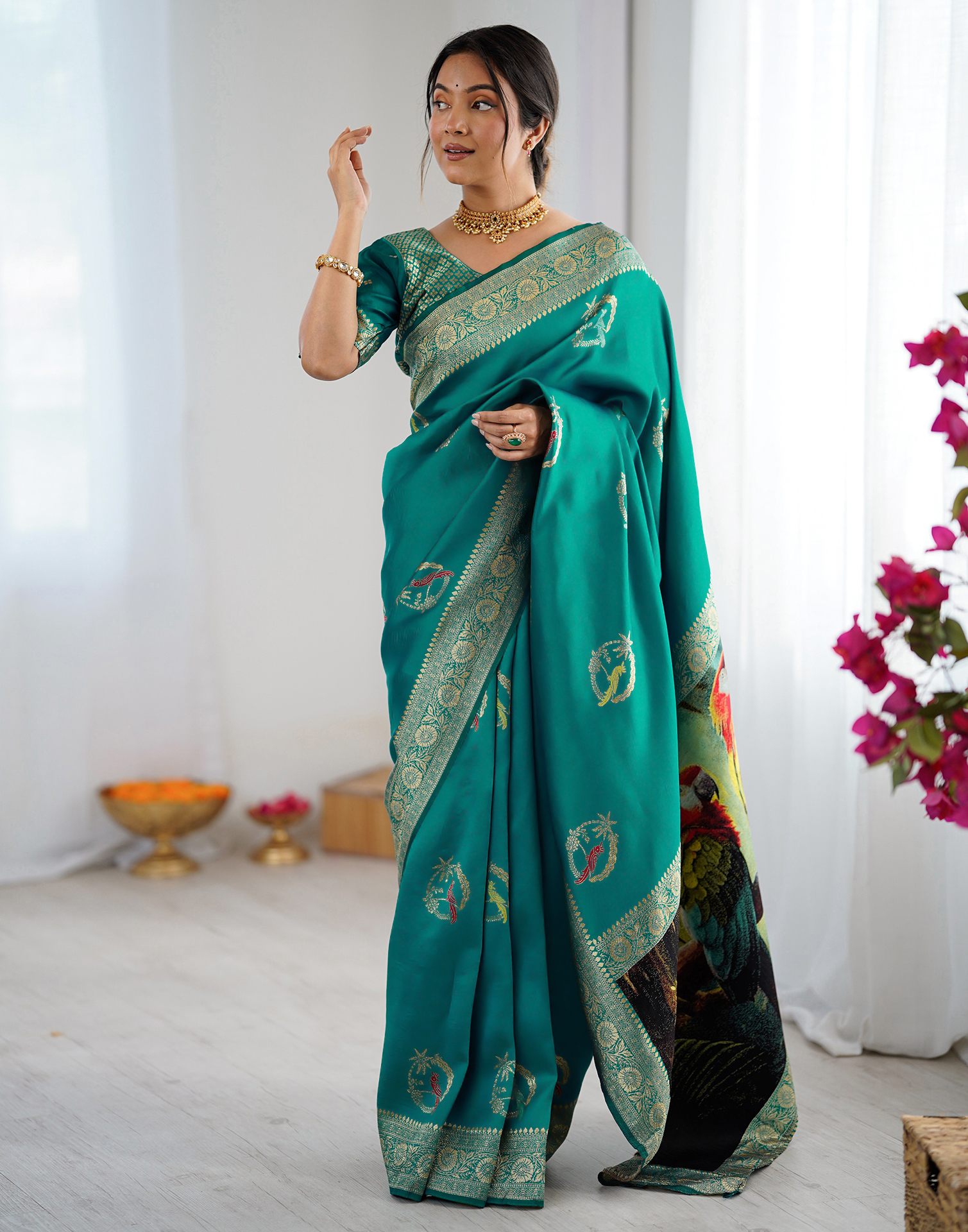 Teal Green Silk Woven Saree