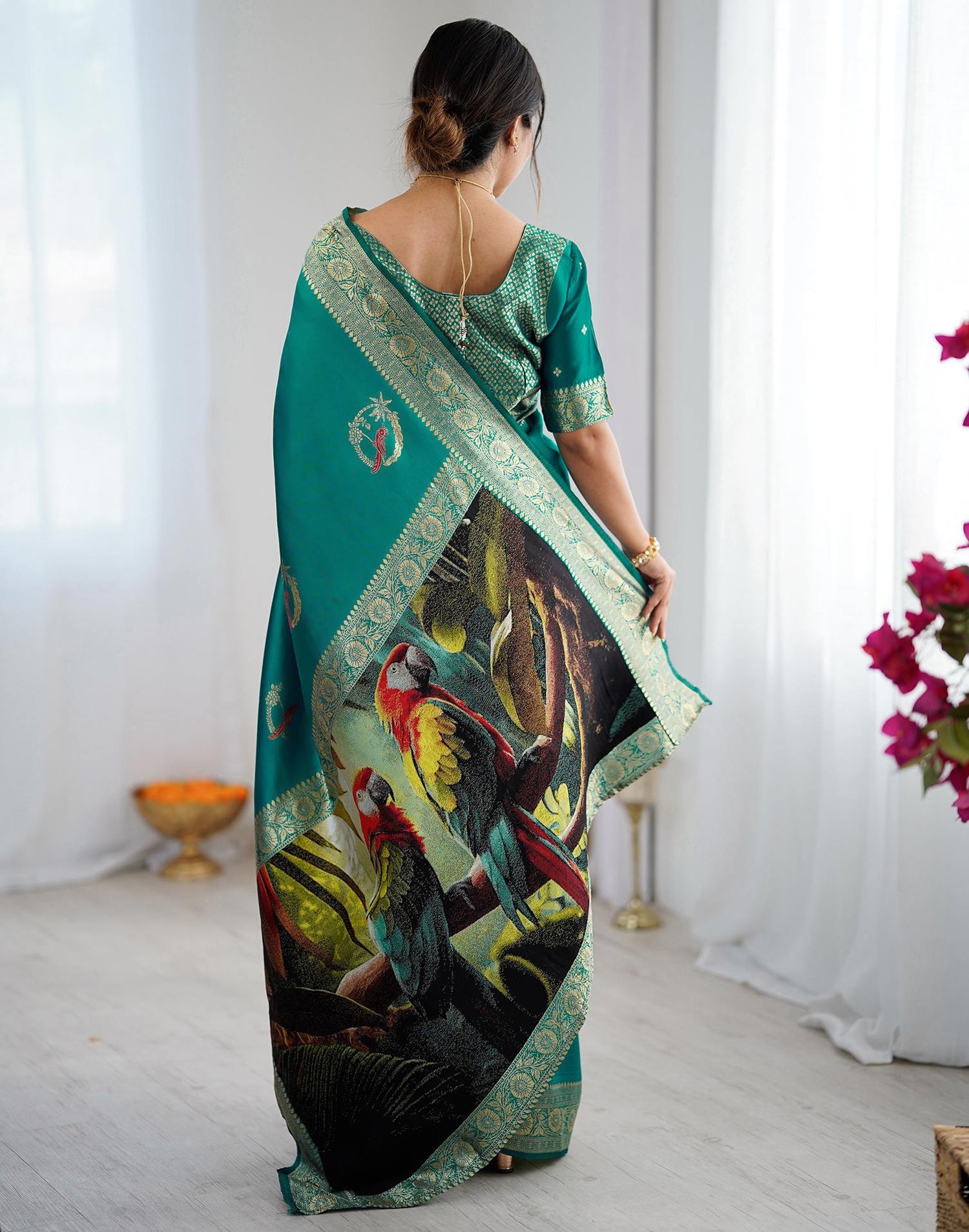 Teal Green Silk Woven Saree