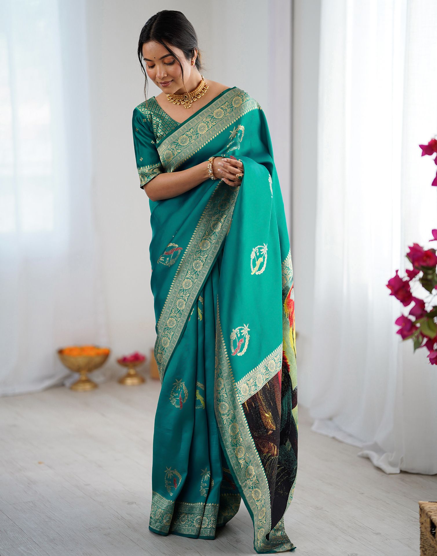 Teal Green Silk Woven Saree